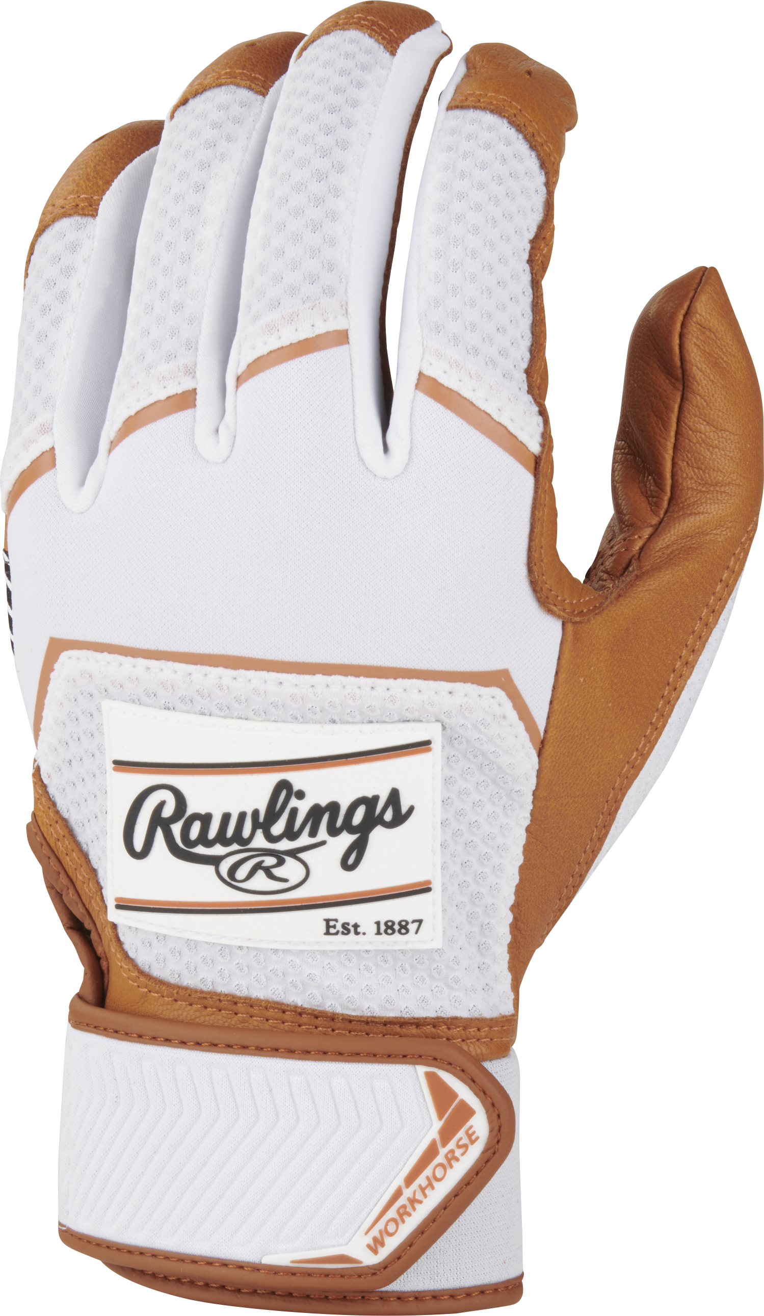 A pair of Rawlings Workhorse Adult Batting Gloves (WH22BG) in white and brown, featuring the Rawlings logo on the back and WORKHORSE label on the wrist strap, is shown against a plain background.