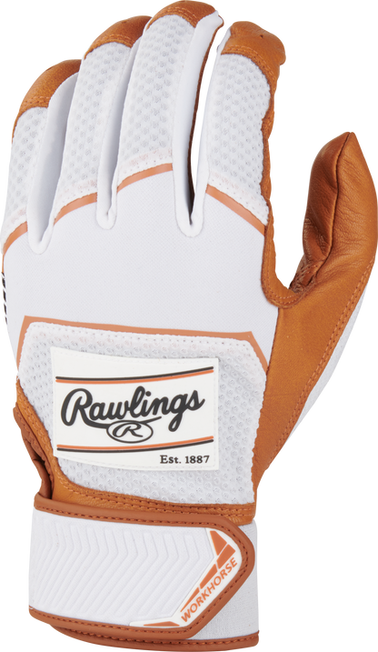 A pair of Rawlings Workhorse Adult Batting Gloves (WH22BG) in white and brown, featuring the Rawlings logo on the back and WORKHORSE label on the wrist strap, is shown against a plain background.
