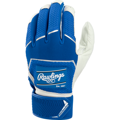 A pair of blue and white Rawlings Workhorse Adult Batting Gloves (WH22BG).