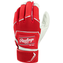A Rawlings Workhorse Adult Batting Glove (WH22BG) in red and white, with "Rawlings Est. 1887" and "Workhorse" on the wrist strap, shown palm out.