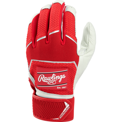 A Rawlings Workhorse Adult Batting Glove (WH22BG) in red and white, with "Rawlings Est. 1887" and "Workhorse" on the wrist strap, shown palm out.