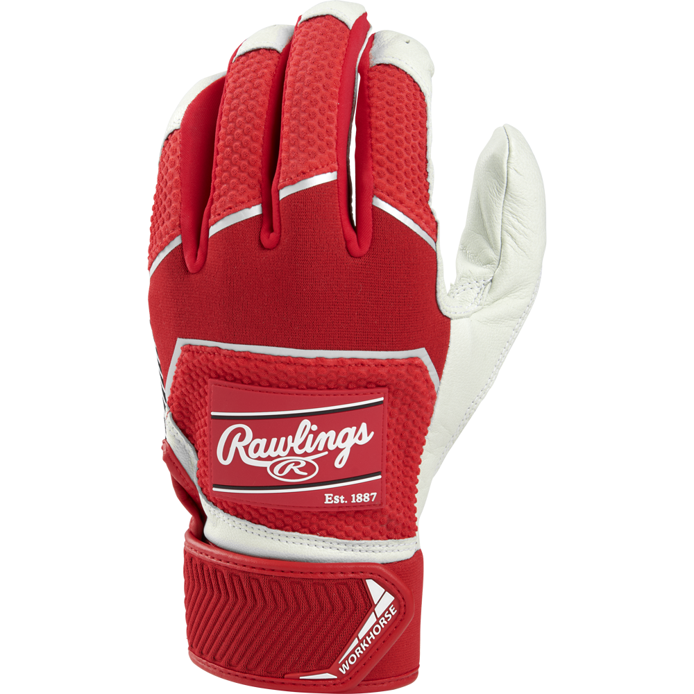 A Rawlings Workhorse Youth Batting Glove (WH22BY) in red and white, featuring a Velcro strap and "Rawlings Est. 1887" and "Workhorse" logos, is shown palm out to highlight the textured surface.