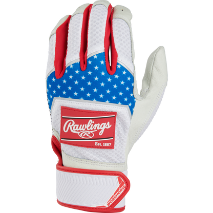 A pair of Rawlings Workhorse Adult Batting Gloves (WH22BG) by Rawlings, featuring a white design with red trim, blue accents with white stars, and a red Rawlings logo. The gloves are closed and displayed on a plain white background.