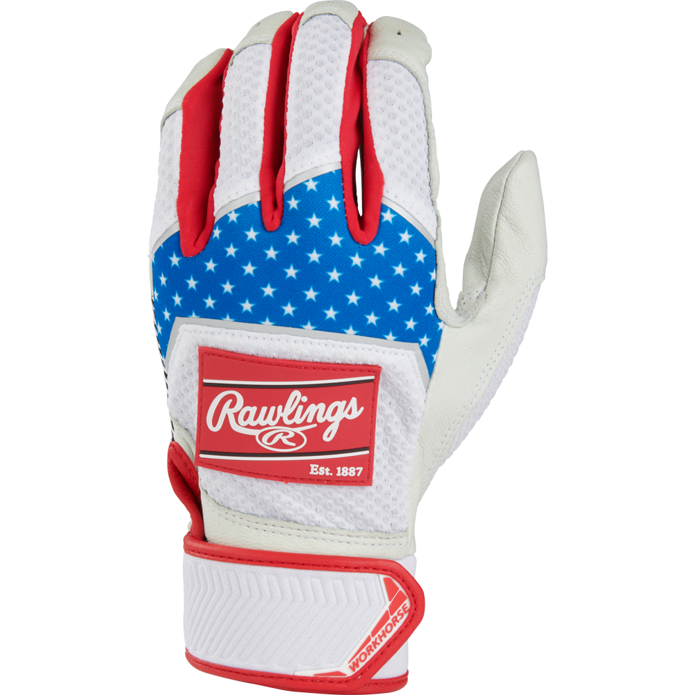 The Rawlings Workhorse Youth Batting Gloves (WH22BY) feature a red, white, and blue design.