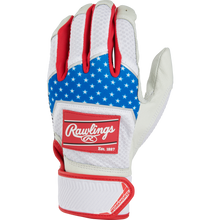 The Rawlings Workhorse Youth Batting Gloves (WH22BY) feature a red, white, and blue design.