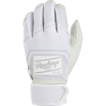 A Rawlings Workhorse Adult Batting Glove (WH22BG) in white and gray, with mesh, textured fabric, visible Rawlings logo on the wrist strap, and velcro closure is shown palm-down against a white background.