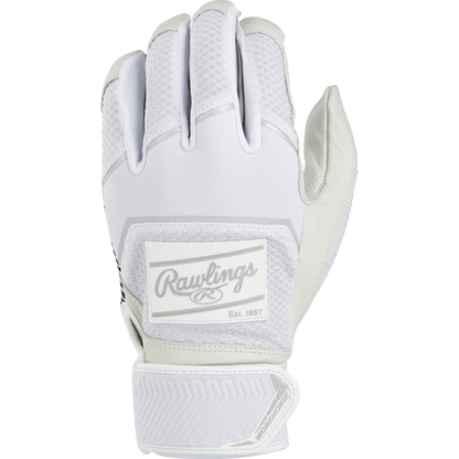 The Rawlings Workhorse Youth Batting Gloves: WH22BY feature a white design with mesh back, adjustable wrist strap, and the iconic Rawlings logo on the back of the hand.