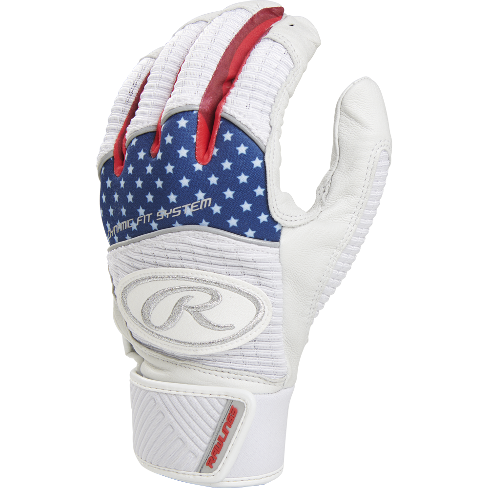 The Rawlings Workhorse Adult Batting Gloves (WH950BG) feature a white design with blue and white stars plus red accents, evoking the American flag. The Rawlings logo appears on the wrist strap, and the gloves are shown palm down.