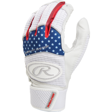 The Rawlings Workhorse Adult Batting Gloves (WH950BG) feature a white design with blue and white stars plus red accents, evoking the American flag. The Rawlings logo appears on the wrist strap, and the gloves are shown palm down.