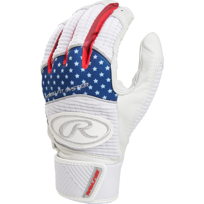 The Rawlings Workhorse Adult Batting Gloves (WH950BG) feature a white design with blue and white stars plus red accents, evoking the American flag. The Rawlings logo appears on the wrist strap, and the gloves are shown palm down.