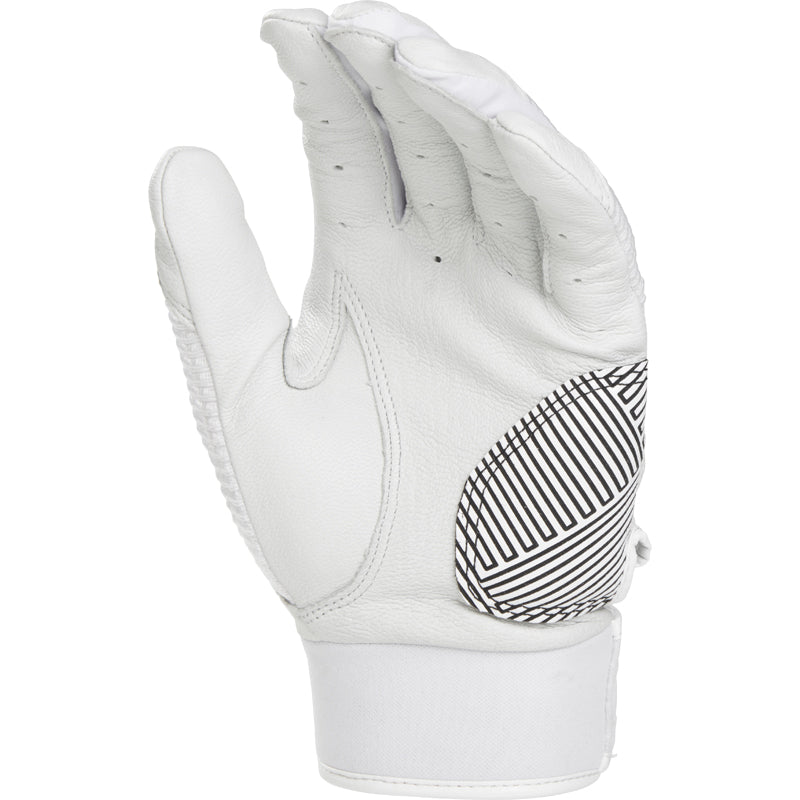 The Rawlings Workhorse Adult Batting Glove (WH950BG) is shown in white leather with a black and white striped palm, palm facing the viewer and fingers slightly bent.