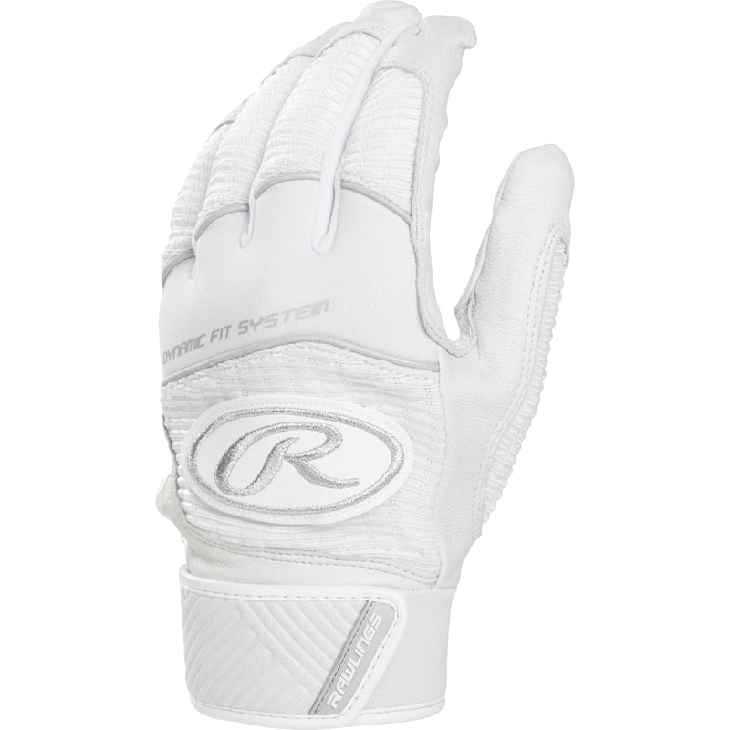 The Rawlings Workhorse Adult Batting Glove (WH950BG) is white with textured grip, prominent stitching, a large R logo, adjustable wrist strap, and “Dynamic Fit System” text on the back of the hand.