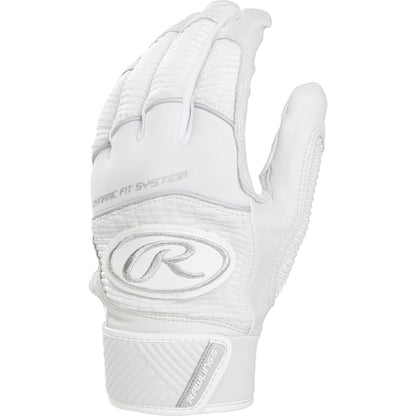 The Rawlings Workhorse Adult Batting Glove (WH950BG) is white with textured grip, prominent stitching, a large R logo, adjustable wrist strap, and “Dynamic Fit System” text on the back of the hand.