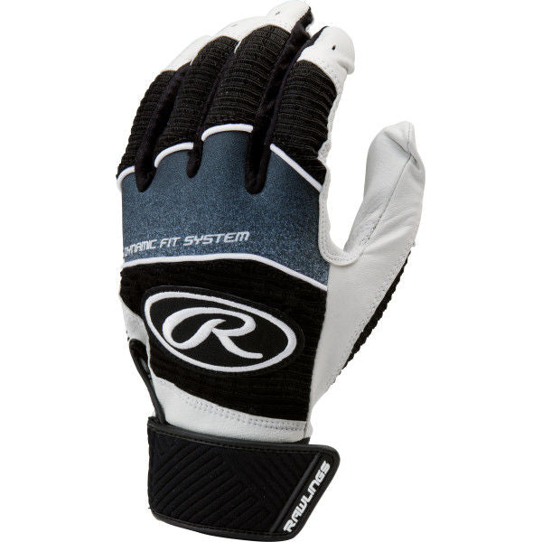 The Rawlings Workhorse Youth Batting Gloves (WH950BGY) feature black, white, and gray colors, a Dynamic Fit System, adjustable wrist strap, and prominent Rawlings logo—designed for durability and performance in youth baseball.