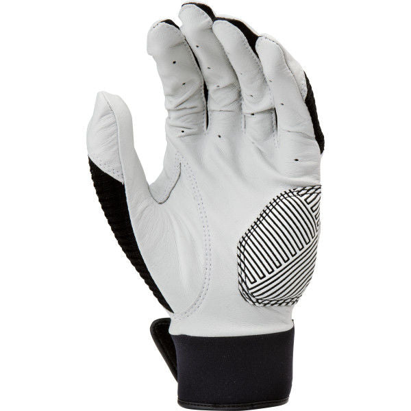 The image shows an upright Rawlings Workhorse Adult Batting Glove (WH950BG) in white and black with a striped palm pattern, crafted from leather and fabric for enhanced grip and comfort.