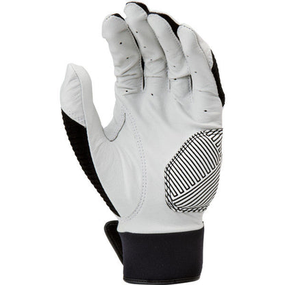 The image shows an upright Rawlings Workhorse Adult Batting Glove (WH950BG) in white and black with a striped palm pattern, crafted from leather and fabric for enhanced grip and comfort.