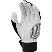 The Rawlings Workhorse Youth Batting Glove (WH950BGY) is shown in white and black with a textured palm grip, palm facing forward and fingers slightly curled.