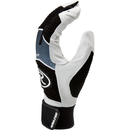 A right-handed Rawlings Workhorse Adult Batting Glove (WH950BG) in black, white, and gray with a Velcro wrist strap, designed for baseball batting, positioned upright with slightly curled fingers.