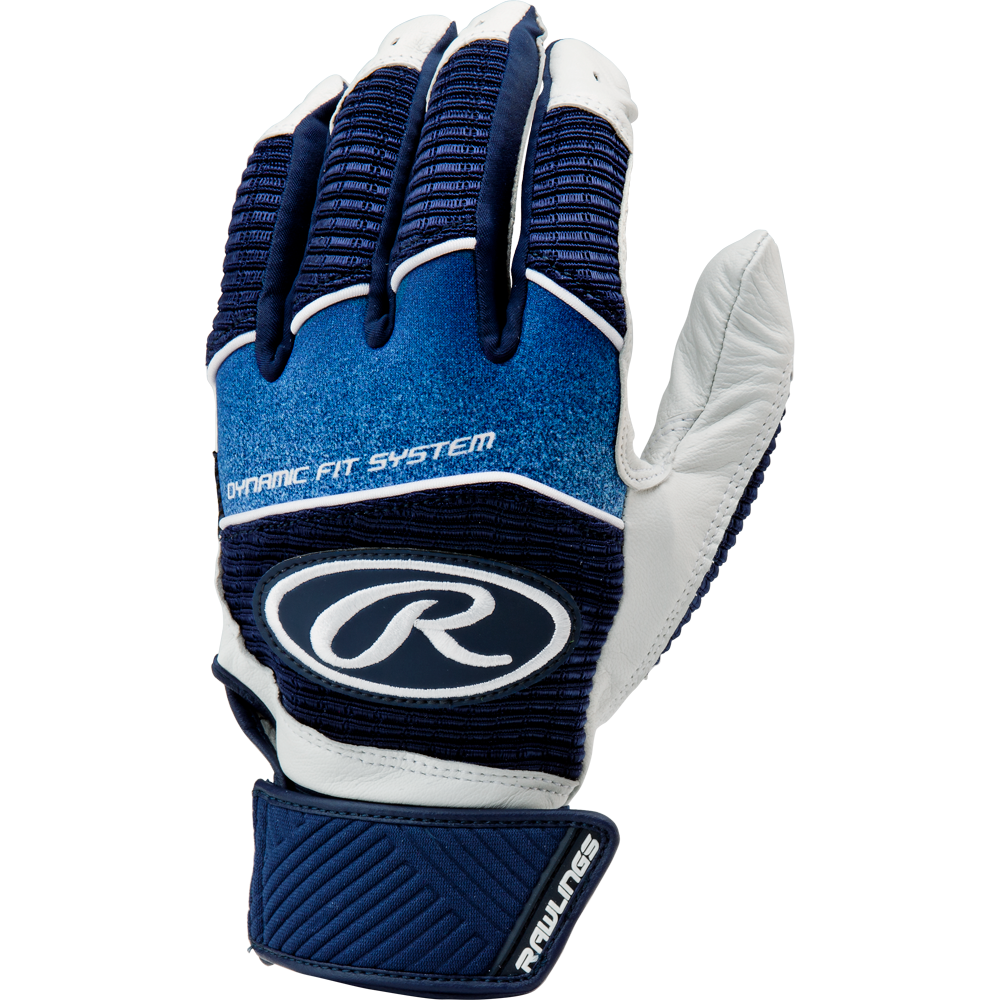 A pair of blue and white Rawlings Workhorse Adult Batting Gloves (WH950BG) featuring a textured top, Velcro wrist strap, and Dynamic Fit System printed on the back.
