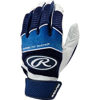 A pair of blue and white Rawlings Workhorse Adult Batting Gloves (WH950BG) featuring a textured top, Velcro wrist strap, and Dynamic Fit System printed on the back.
