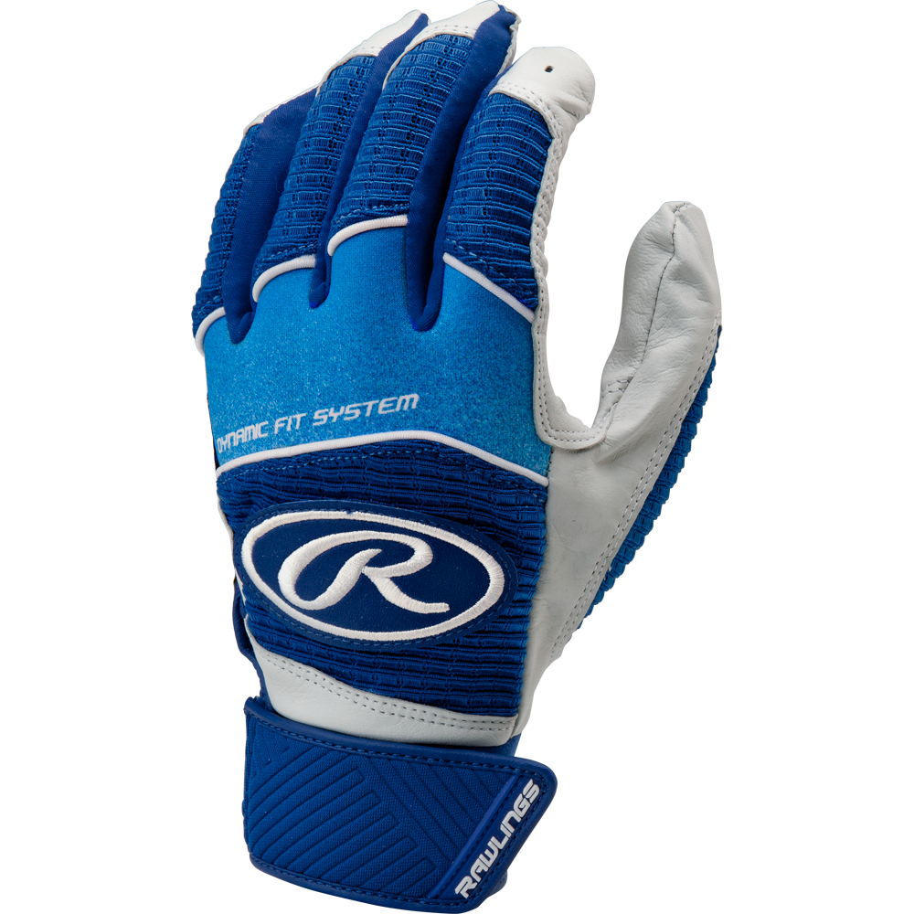 A Rawlings Workhorse Adult Batting Glove (WH950BG) in blue and white, featuring Dynamic Fit System text and the Rawlings logo on the back. Displayed upright with palm facing left.