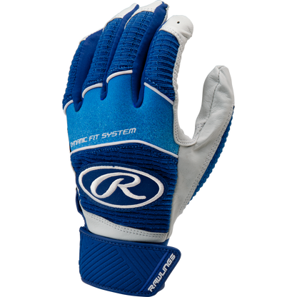 A Rawlings Workhorse Adult Batting Glove (WH950BG) in blue and white, featuring Dynamic Fit System text and the Rawlings logo on the back. Displayed upright with palm facing left.