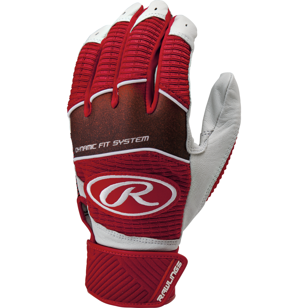 The Rawlings Workhorse Adult Batting Gloves (WH950BG) feature a red and white design, the Dynamic Fit System, and Rawlings branding, made for baseball or softball players.