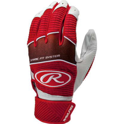 The Rawlings Workhorse Adult Batting Gloves (WH950BG) feature a red and white design, the Dynamic Fit System, and Rawlings branding, made for baseball or softball players.