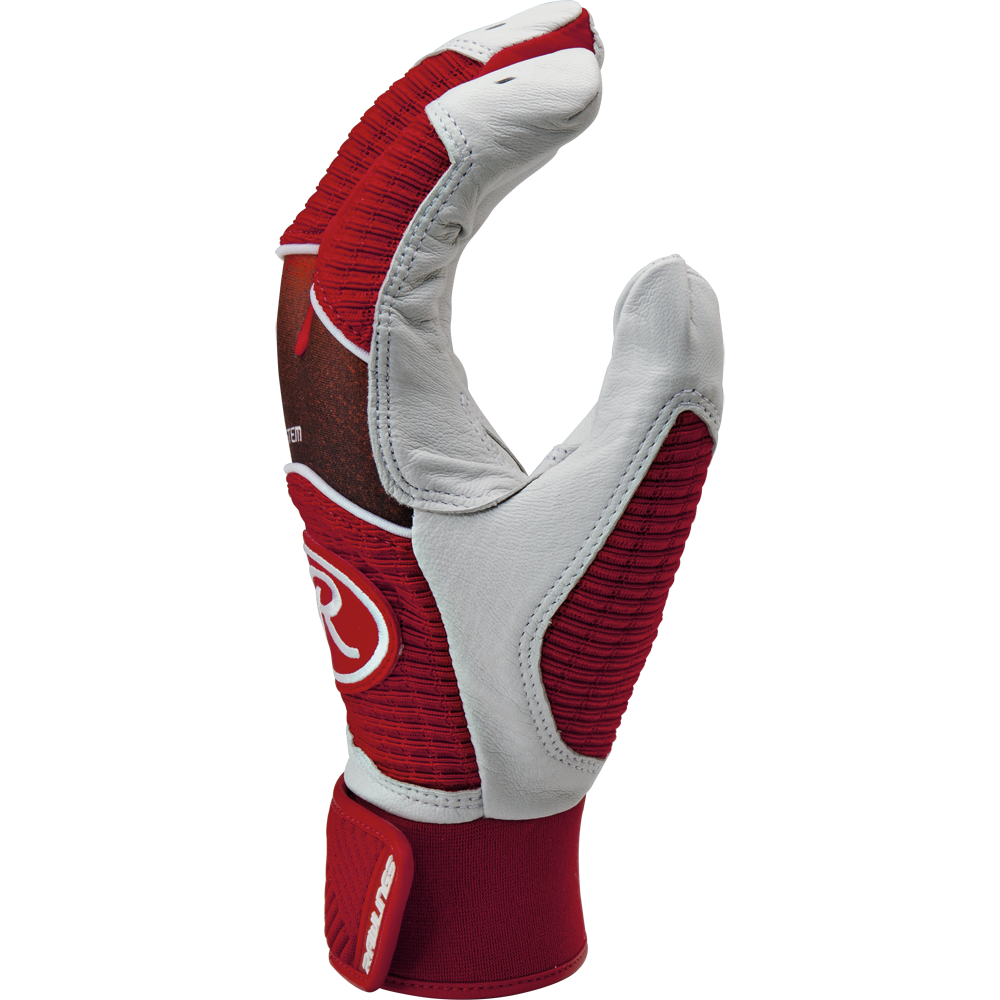 The Rawlings Workhorse Adult Batting Gloves (WH950BG) are shown upright in red, white, and gray with curved fingers, textured grip areas, and a Rawlings logo on the back of the hand.