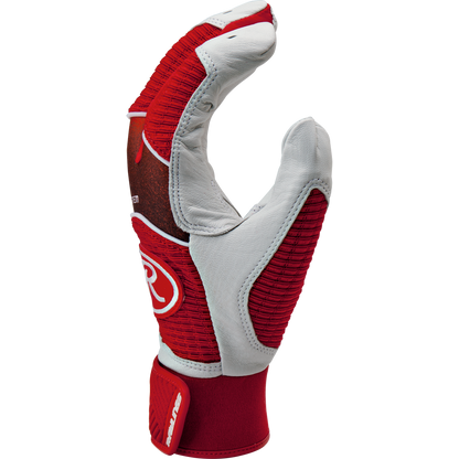 The Rawlings Workhorse Adult Batting Gloves (WH950BG) are shown upright in red, white, and gray with curved fingers, textured grip areas, and a Rawlings logo on the back of the hand.