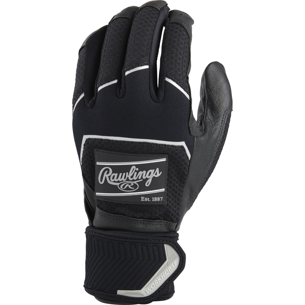 A pair of Rawlings Workhorse Adult Batting Gloves (WHC2BG) in black, featuring a gray Rawlings logo patch, "WORKHORSE" on the wrist strap, and an Oiltac leather palm for superior grip, shown on a white background.