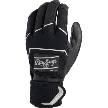 A pair of Rawlings Workhorse Adult Batting Gloves (WHC2BG) in black, featuring a gray Rawlings logo patch, "WORKHORSE" on the wrist strap, and an Oiltac leather palm for superior grip, shown on a white background.