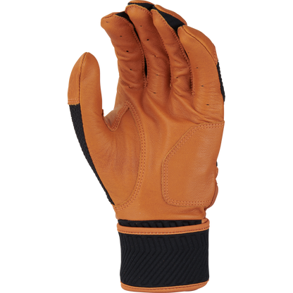 A tan-brown Rawlings Workhorse Adult Batting Glove (WHC2BG) with Oiltac leather palm and black wrist and side accents, shown palm out and fingers slightly bent.