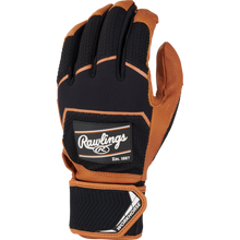 A close-up of the Rawlings Workhorse Adult Batting Gloves with Compression Strap (WHC2BG) showcases their Oiltac leather palm for premium grip and durability.