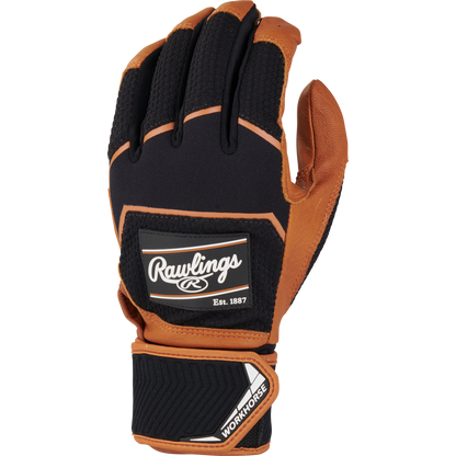 A close-up of the Rawlings Workhorse Adult Batting Gloves with Compression Strap (WHC2BG) showcases their Oiltac leather palm for premium grip and durability.