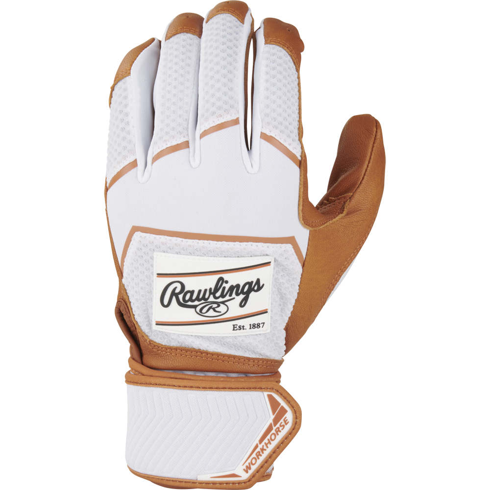 A Rawlings Workhorse Adult Batting Glove (WHC2BG) in white and brown displays "Rawlings Est. 1887" on the back and "WORKHORSE" on the adjustable wrist strap, with an Oiltac leather palm, shown palm down against a white background.
