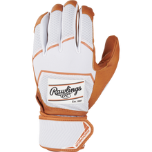 A Rawlings Workhorse Adult Batting Glove (WHC2BG) in white and brown displays "Rawlings Est. 1887" on the back and "WORKHORSE" on the adjustable wrist strap, with an Oiltac leather palm, shown palm down against a white background.