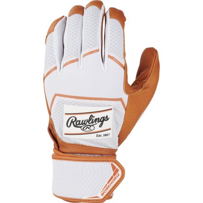 A Rawlings Workhorse Adult Batting Glove (WHC2BG) in white and brown displays "Rawlings Est. 1887" on the back and "WORKHORSE" on the adjustable wrist strap, with an Oiltac leather palm, shown palm down against a white background.