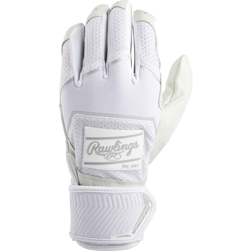 The Rawlings Workhorse Adult Batting Gloves with Compression Strap (WHC2BG) feature an Oiltac leather palm for superior grip, inspired by the classic Rawlings Workhorse design, shown in white on a white background.