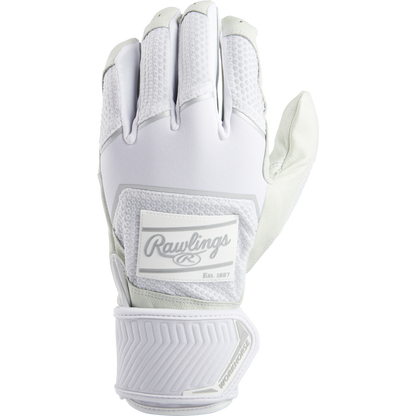 The Rawlings Workhorse Adult Batting Gloves with Compression Strap (WHC2BG) feature an Oiltac leather palm for superior grip, inspired by the classic Rawlings Workhorse design, shown in white on a white background.