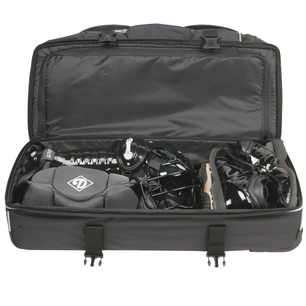 The Diamond Deluxe Wheeled Pro Umpire Gear Bag (WHL DLX UMP 33 BAG) by Diamond is a black ballistic fabric bag that neatly stores and organizes protective gear like helmet, leg guards, chest protector, and gloves.