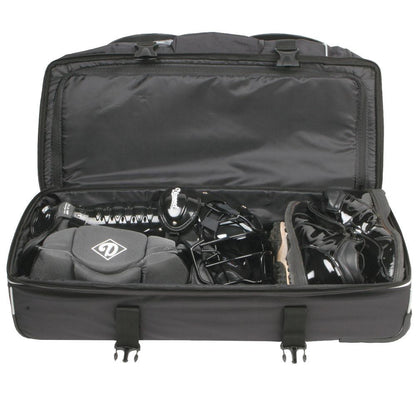The Diamond Deluxe Wheeled Pro Umpire Gear Bag (WHL DLX UMP 33 BAG) by Diamond is a black ballistic fabric bag that neatly stores and organizes protective gear like helmet, leg guards, chest protector, and gloves.