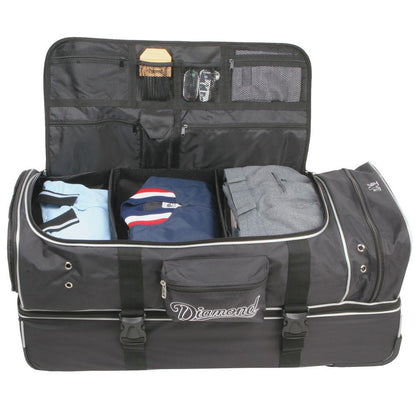 The Diamond Deluxe Wheeled Pro Umpire Gear Bag (WHL DLX UMP 33 BAG) is a spacious black duffel constructed from durable ballistic fabric, features "Diamond" on the front, and includes mesh lid pockets and organized compartments for clothes.