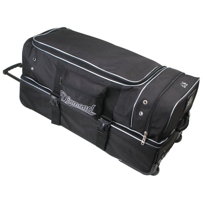 The Diamond Deluxe Wheeled Pro Umpire Gear Bag (WHL DLX UMP 33 BAG) is a large black ballistic fabric duffel with white piping, side pockets, handles, "Diamond" embroidery, wheels, and a telescopic pull handle for easy transport.