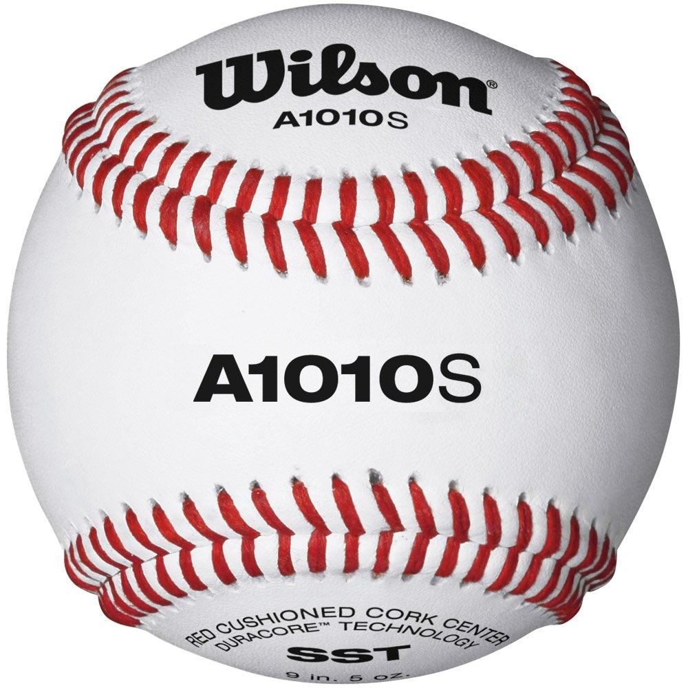 The Wilson A1010S BLEM Baseball (WTA1010S) is a white high school baseball with red stitching, black text, cushioned cork, and Super Seam Technology. The model number “A1010S” is prominently displayed in the center.