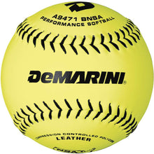 A bright yellow DeMarini NSA ICON 12" 44/400 Leather Slowpitch Softball (WTA9471BNSA) features black stitching, printed text, and brand logos on the surface.