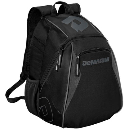 The DeMarini Voodoo Junior Backpack (WTD9106) is a black youth baseball bag with multiple zippered compartments, padded shoulder straps, and subtle gray logo accents on the front and side.