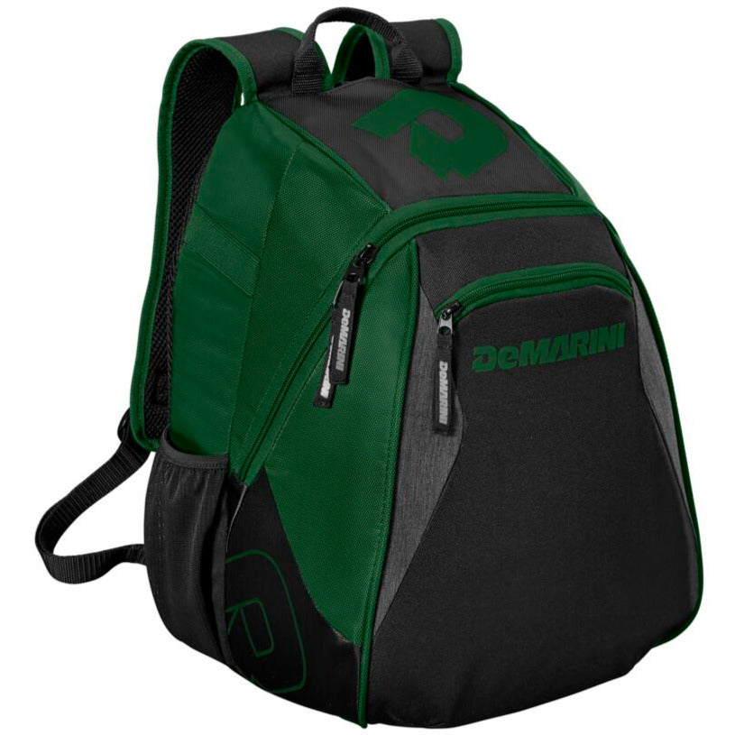 The DeMarini Voodoo Junior Backpack (WTD9106) is a green and black youth baseball bag with multiple zippered compartments, padded shoulder straps, and the DeMarini logo on the front and side.