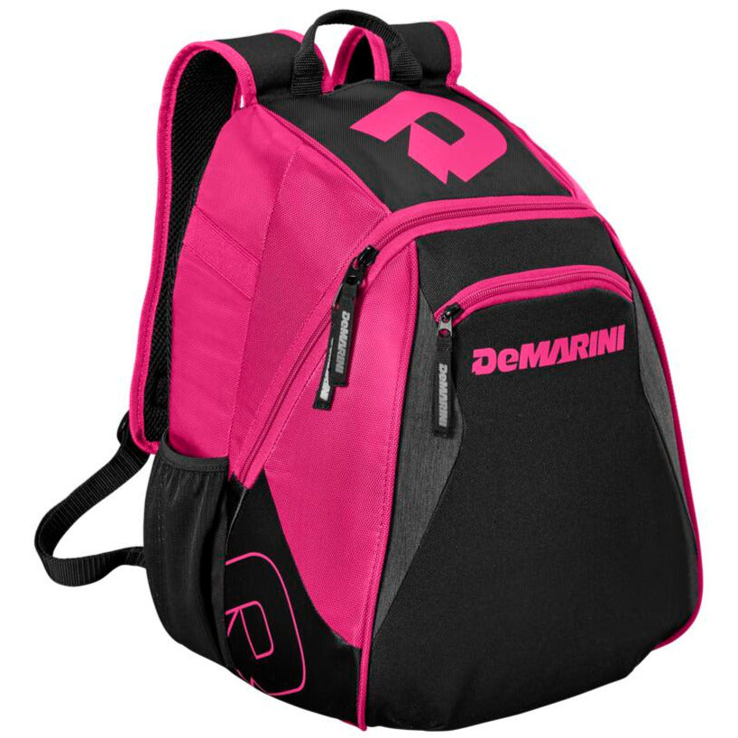 The DeMarini Voodoo Junior Backpack: WTD9106 features padded shoulder straps, two zippered front pockets, and bright pink DeMarini logos on black—perfect for young baseball players seeking style and function.