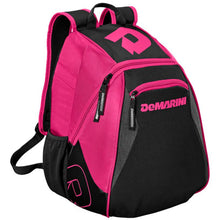 The DeMarini Voodoo Junior Backpack: WTD9106 features padded shoulder straps, two zippered front pockets, and bright pink DeMarini logos on black—perfect for young baseball players seeking style and function.